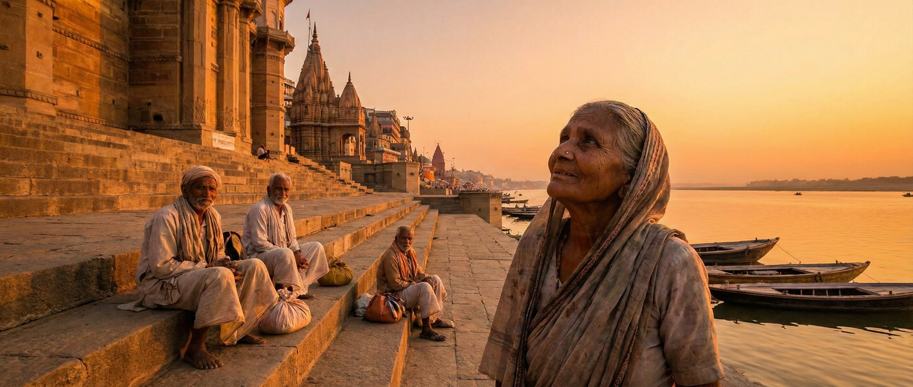 Young founder sitting on ancient Kashi temple steps at dawn with traditional brass offering plate, symbolizing RASVRA's journey from observation to action in Varanasi's spiritual landscape